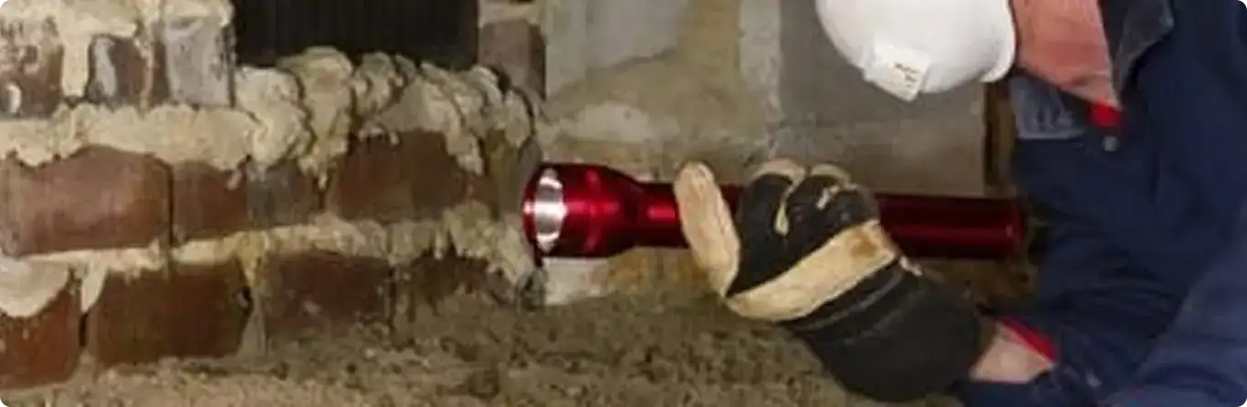 Pest control technician inspecting a crawl space for ant activity in Hamden, CT