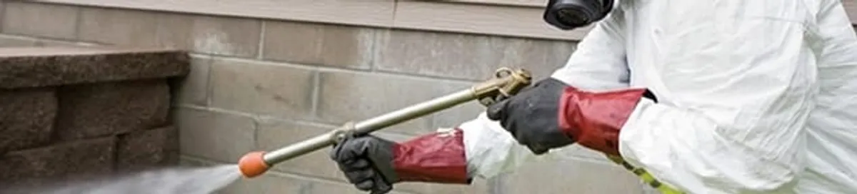 Pest control technician applying exterior insect treatment along a home foundation in New Haven, CT